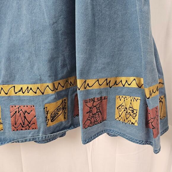 Vintage Denim Outfit 2 Piece Set Large Long Shirt Skirt Jean Blue Fall Leaf Puff - Picture 4 of 16